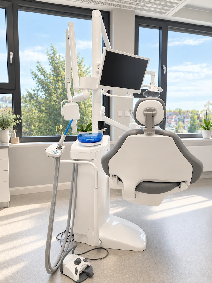 Moderne tannlegestol og behandlingsutstyr på klinikken